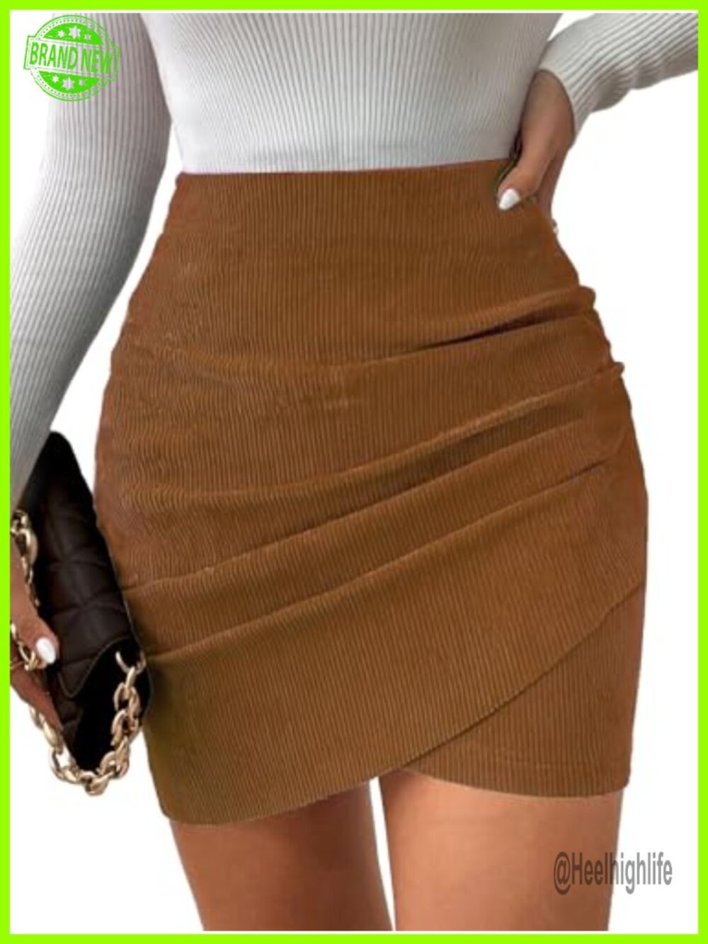 Women's Corduroy Bodycon Mini Skirt High Waist Asymmetrical Pleated Wrap Short